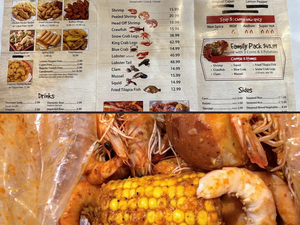 Seafood boil with crab legs and shrimp.