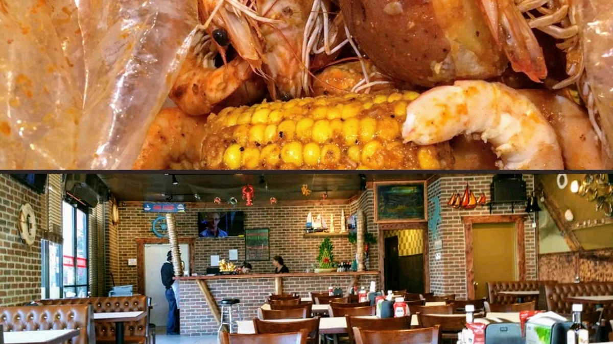 A casual seafood restaurant dining table.
