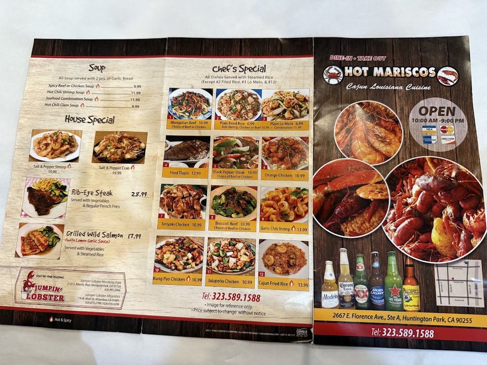 Drinks and sides listed beside seafood dishes.