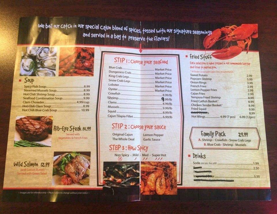Printed menu with fried items and seafood.